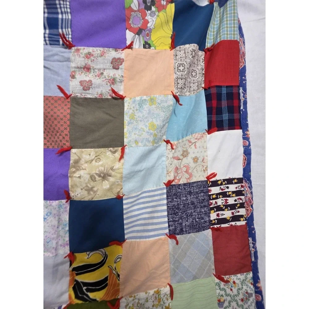 Vintage Handmade Patchwork Tied Quilt 47x40 Cotton Poly Scrap Fabric Folk Art